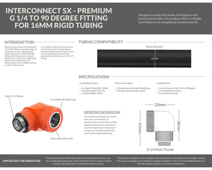 PrimoChill InterConnect SX Premium G1/4 to 90 Degree Adapter Fitting For 16MM Rigid Tubing (FA-G9016) - UV Orange