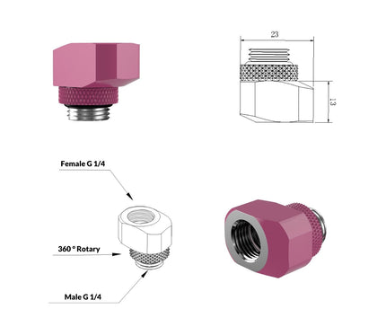 PrimoChill InterConnect SX Male to Female G 1/4in. Offset Full Rotary Fitting - Magenta