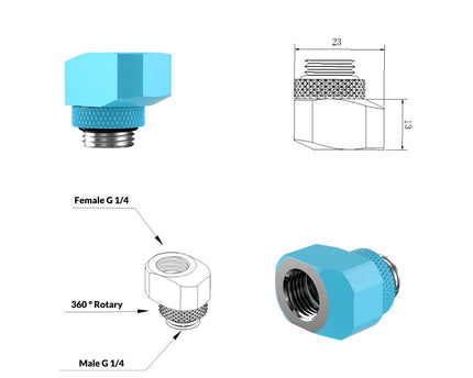 PrimoChill InterConnect SX Male to Female G 1/4in. Offset Full Rotary Fitting - Sky Blue