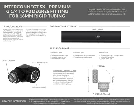 PrimoChill InterConnect SX Premium G1/4 to 90 Degree Adapter Fitting For 16MM Rigid Tubing (FA-G9016) - TX Matte Black