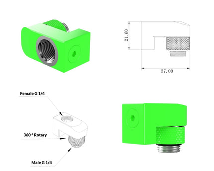 PrimoChill Male to Female G 1/4in. Supported Offset Rotary Fitting - UV Green