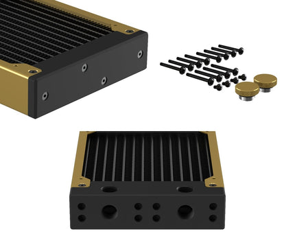 PrimoChill 360SL (30mm) EXIMO Modular Radiator, Black POM, 3x120mm, Triple Fan (R-SL-BK36) Available in 20+ Colors, Assembled in USA and Custom Watercooling Loop Ready - Candy Gold