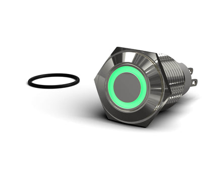 PrimoChill Silver Aluminum Momentary Vandal Switch -16mm - Ring Illumination - Green LED - Green LED Ring