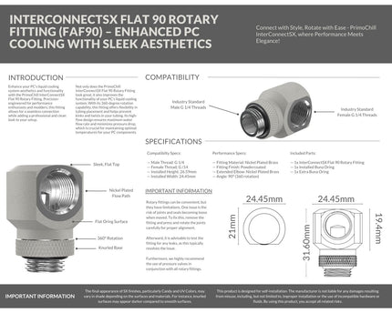 PrimoChill InterConnectSX Flat 90 Degree Rotary Fitting (FAF90) – Enhanced PC Cooling with Sleek Aesthetics - Available in 20+ Colors, Custom Watercooling Loop Ready - TX Matte Silver