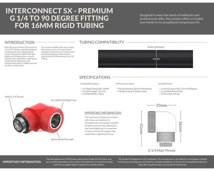 PrimoChill InterConnect SX Premium G1/4 to 90 Degree Adapter Fitting For 16MM Rigid Tubing (FA-G9016) - Razor Red