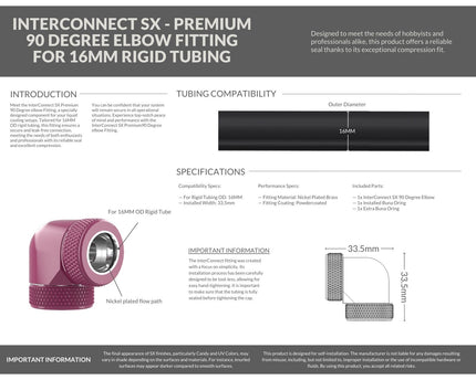 PrimoChill InterConnect SX Premium 90 Degree Elbow Adapter Fitting For 16MM Rigid Tubing (FA-9016) - Magenta