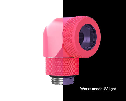 PrimoChill InterConnect SX Premium G1/4 to 90 Degree Adapter Fitting For 16MM Rigid Tubing (FA-G9016) - UV Pink