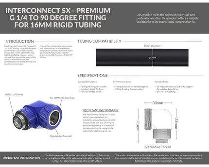 PrimoChill InterConnect SX Premium G1/4 to 90 Degree Adapter Fitting For 16MM Rigid Tubing (FA-G9016) - True Blue
