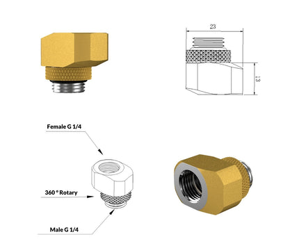 PrimoChill InterConnect SX Male to Female G 1/4in. Offset Full Rotary Fitting - Gold