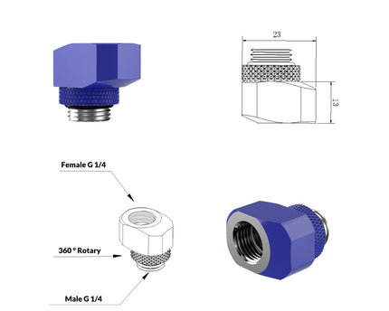 PrimoChill InterConnect SX Male to Female G 1/4in. Offset Full Rotary Fitting - True Blue