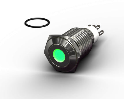 PrimoChill Silver Aluminum Momentary Vandal Switch - 16mm - Dot Illumination - Green LED - Green LED Dot