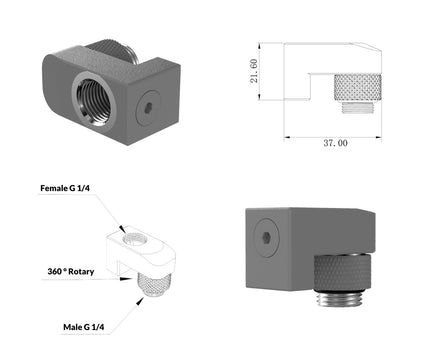 PrimoChill Male to Female G 1/4in. Supported Offset Rotary Fitting - TX Matte Gun Metal