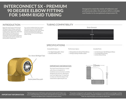 PrimoChill InterConnect SX Premium 90 Degree Elbow Adapter Fitting for 14MM Rigid Tubing (FA-9014) - Gold