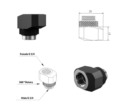 PrimoChill InterConnect SX Male to Female G 1/4in. Offset Full Rotary Fitting - Satin Black