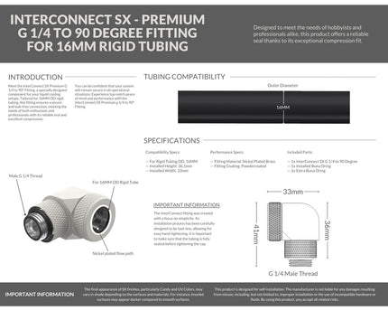 PrimoChill InterConnect SX Premium G1/4 to 90 Degree Adapter Fitting For 16MM Rigid Tubing (FA-G9016) - TX Matte Silver