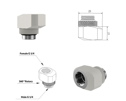 PrimoChill InterConnect SX Male to Female G 1/4in. Offset Full Rotary Fitting - TX Matte Silver