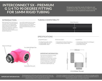 PrimoChill InterConnect SX Premium G1/4 to 90 Degree Adapter Fitting For 16MM Rigid Tubing (FA-G9016) - UV Pink