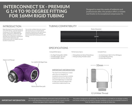 PrimoChill InterConnect SX Premium G1/4 to 90 Degree Adapter Fitting For 16MM Rigid Tubing (FA-G9016) - Candy Purple