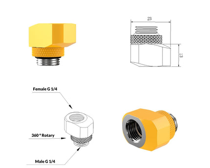 PrimoChill InterConnect SX Male to Female G 1/4in. Offset Full Rotary Fitting - Yellow