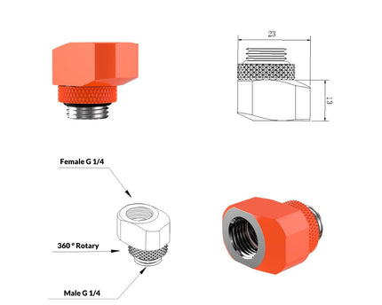 PrimoChill InterConnect SX Male to Female G 1/4in. Offset Full Rotary Fitting - UV Orange