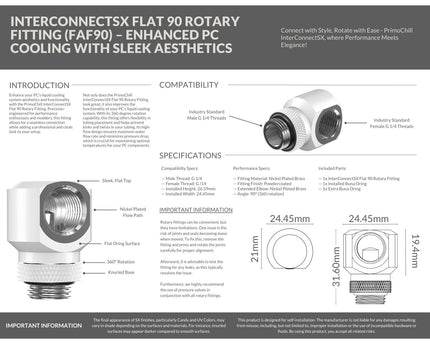 PrimoChill InterConnectSX Flat 90 Degree Rotary Fitting (FAF90) – Enhanced PC Cooling with Sleek Aesthetics - Available in 20+ Colors, Custom Watercooling Loop Ready - Sky White