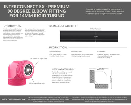 PrimoChill InterConnect SX Premium 90 Degree Elbow Adapter Fitting for 14MM Rigid Tubing (FA-9014) - UV Pink