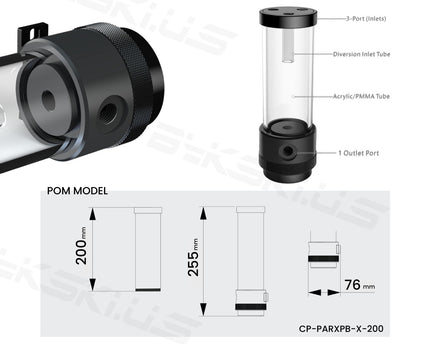 Bykski Silent PARX Pump (330L/H) / Acrylic Reservoir Combo - Black POM (CP-PARX-X-CT60) - POM,200mm