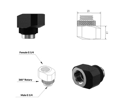 PrimoChill InterConnect SX Male to Female G 1/4in. Offset Full Rotary Fitting - TX Matte Black