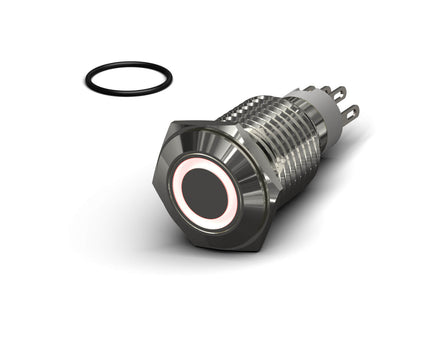 PrimoChill Silver Aluminum Momentary Vandal Switch -16mm - Ring Illumination - Red LED - Red LED Ring