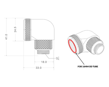 Bykski G 1/4in. Rigid 90 Degree Rotary Fitting Adapter For 16mm OD PMMA/PETG/METAL Tubing (CC-L16RD90-X-BK) - Black