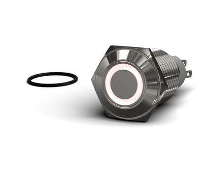 PrimoChill Silver Aluminum Momentary Vandal Switch -16mm - Ring Illumination - Red LED - Red LED Ring