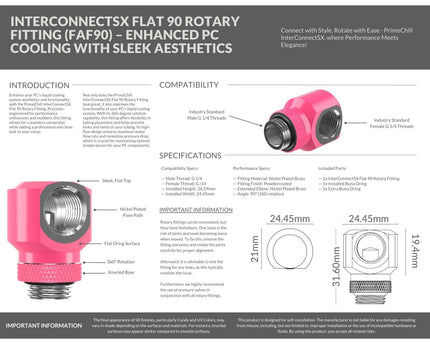 PrimoChill InterConnectSX Flat 90 Degree Rotary Fitting (FAF90) – Enhanced PC Cooling with Sleek Aesthetics - Available in 20+ Colors, Custom Watercooling Loop Ready - UV Pink