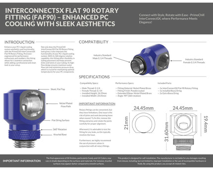 PrimoChill InterConnectSX Flat 90 Degree Rotary Fitting (FAF90) – Enhanced PC Cooling with Sleek Aesthetics - Available in 20+ Colors, Custom Watercooling Loop Ready - True Blue