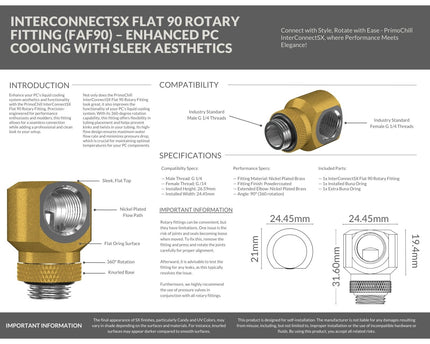 PrimoChill InterConnectSX Flat 90 Degree Rotary Fitting (FAF90) – Enhanced PC Cooling with Sleek Aesthetics - Available in 20+ Colors, Custom Watercooling Loop Ready - Gold