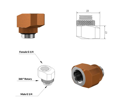 PrimoChill InterConnect SX Male to Female G 1/4in. Offset Full Rotary Fitting - Copper