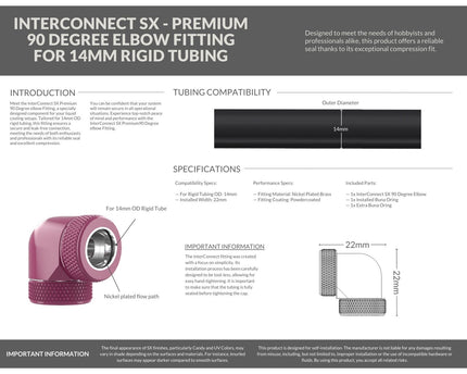 PrimoChill InterConnect SX Premium 90 Degree Elbow Adapter Fitting for 14MM Rigid Tubing (FA-9014) - Magenta
