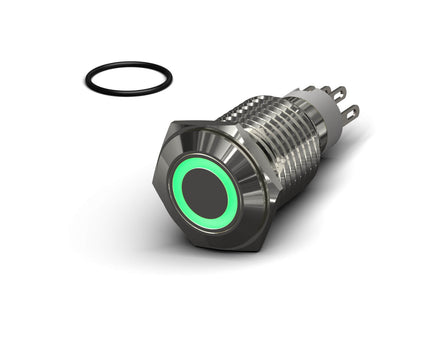 PrimoChill Silver Aluminum Momentary Vandal Switch -16mm - Ring Illumination - Green LED - Green LED Ring