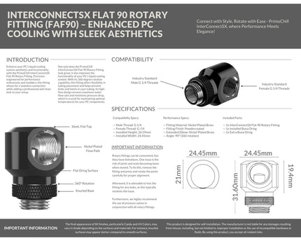 PrimoChill InterConnectSX Flat 90 Degree Rotary Fitting (FAF90) – Enhanced PC Cooling with Sleek Aesthetics - Available in 20+ Colors, Custom Watercooling Loop Ready - Satin Black