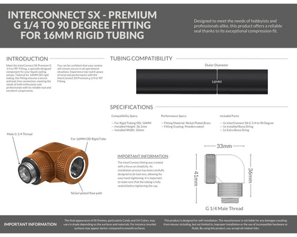PrimoChill InterConnect SX Premium G1/4 to 90 Degree Adapter Fitting For 16MM Rigid Tubing (FA-G9016) - Copper