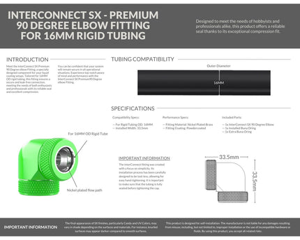 PrimoChill InterConnect SX Premium 90 Degree Elbow Adapter Fitting For 16MM Rigid Tubing (FA-9016) - UV Green