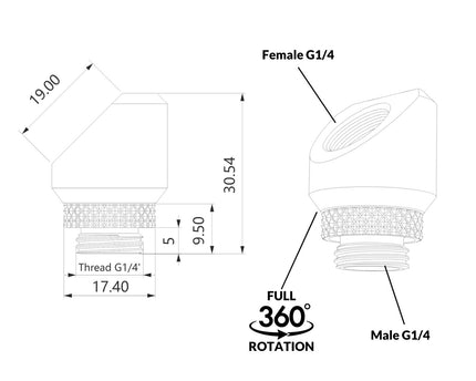 Bykski G 1/4in. Male to Female 360 Degree Rotary Elbow Fitting - 45 Degree Angle (CC-RD45S-X) - Silver