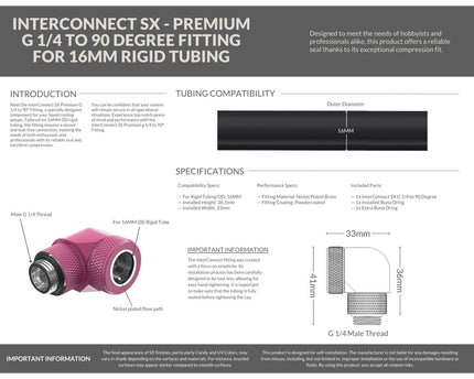 PrimoChill InterConnect SX Premium G1/4 to 90 Degree Adapter Fitting For 16MM Rigid Tubing (FA-G9016) - Magenta