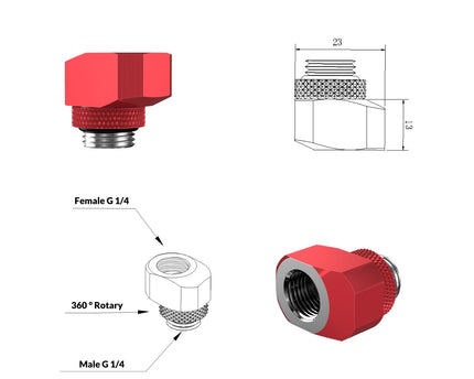 PrimoChill InterConnect SX Male to Female G 1/4in. Offset Full Rotary Fitting - Candy Red