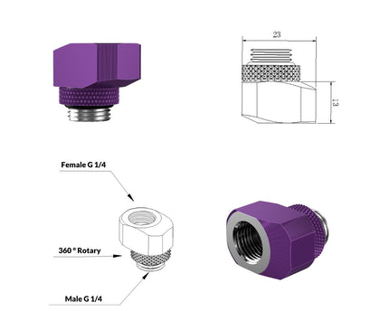 PrimoChill InterConnect SX Male to Female G 1/4in. Offset Full Rotary Fitting - Candy Purple