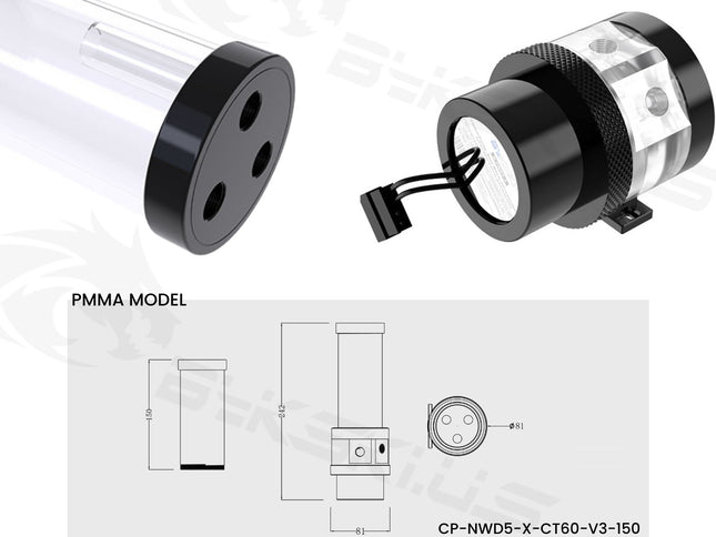 Bykski Complete D5 Pump / 150mm PMMA Reservoir Combo, Armored Black - with integrated 5V Addressable RGB (CP-NWD5-X-CT60-V3)