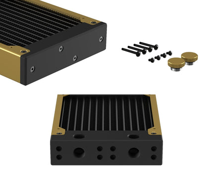 PrimoChill 120SL (30mm) EXIMO Modular Radiator, Black POM, 1x120mm, Single Fan (R-SL-BK12) Available in 20+ Colors, Assembled in USA and Custom Watercooling Loop Ready - Candy Gold