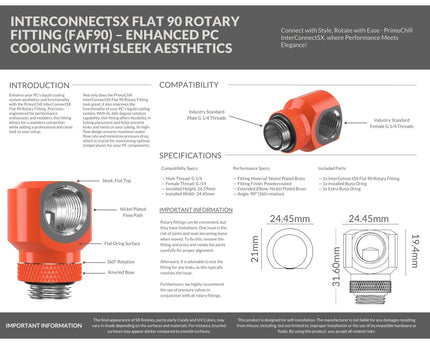 PrimoChill InterConnectSX Flat 90 Degree Rotary Fitting (FAF90) – Enhanced PC Cooling with Sleek Aesthetics - Available in 20+ Colors, Custom Watercooling Loop Ready - UV Orange