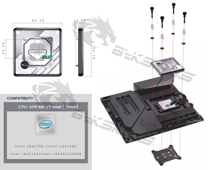 Bykski CPU-XPR-MK-I-V5 High-Efficiency CPU Water Cooling Block - Featuring High Flow Optimized 0.2mm Fins -  Full PMMA Mounting w/ 5v Addressable RGB - for Intel LGA 1200/1700 - 115x - 2011/2066 - Black