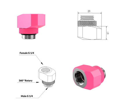 PrimoChill InterConnect SX Male to Female G 1/4in. Offset Full Rotary Fitting - UV Pink