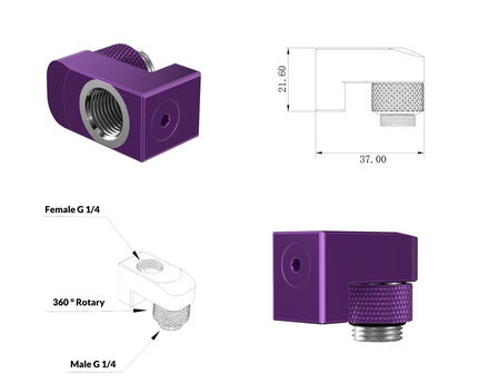 PrimoChill Male to Female G 1/4in. Supported Offset Rotary Fitting - Candy Purple